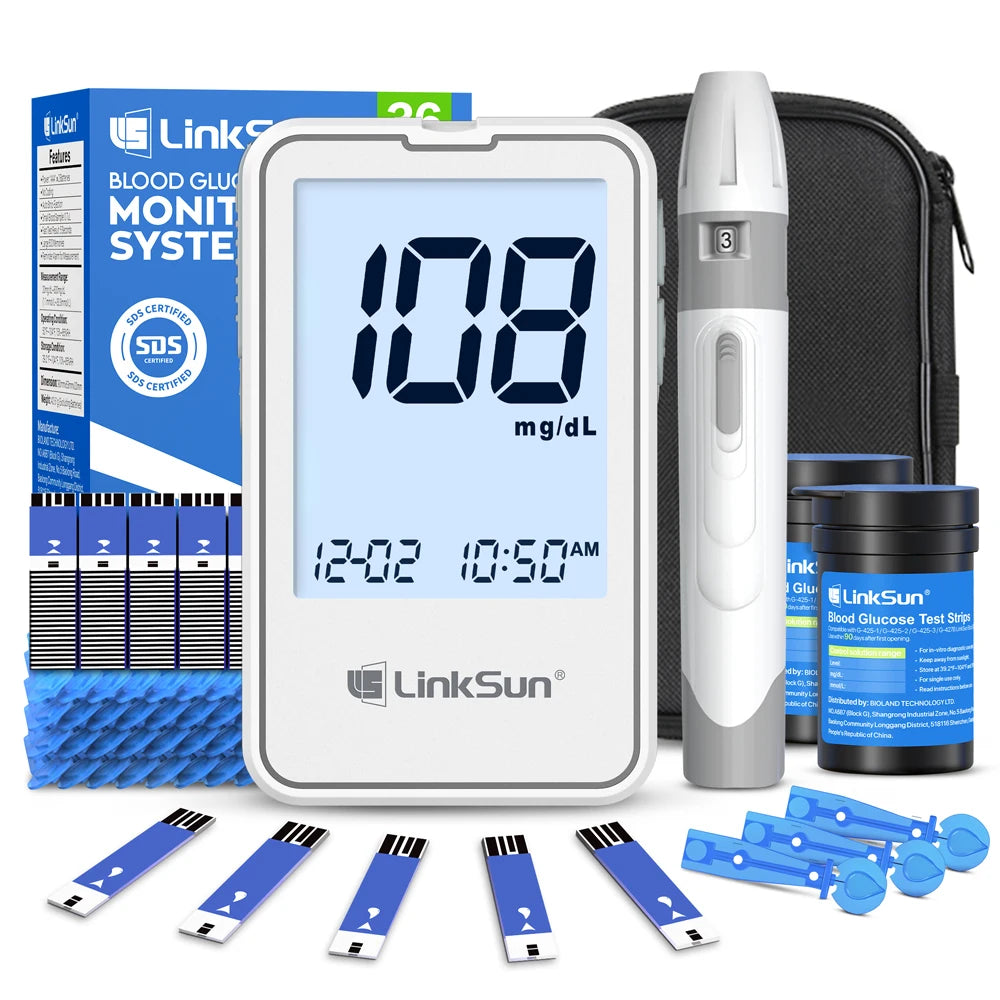 LinkSun G-425-2 Blood Glucose Meter Complete Kit – No Coding Glucometer with Test Strips & Lancets for Diabetes Monitoring
