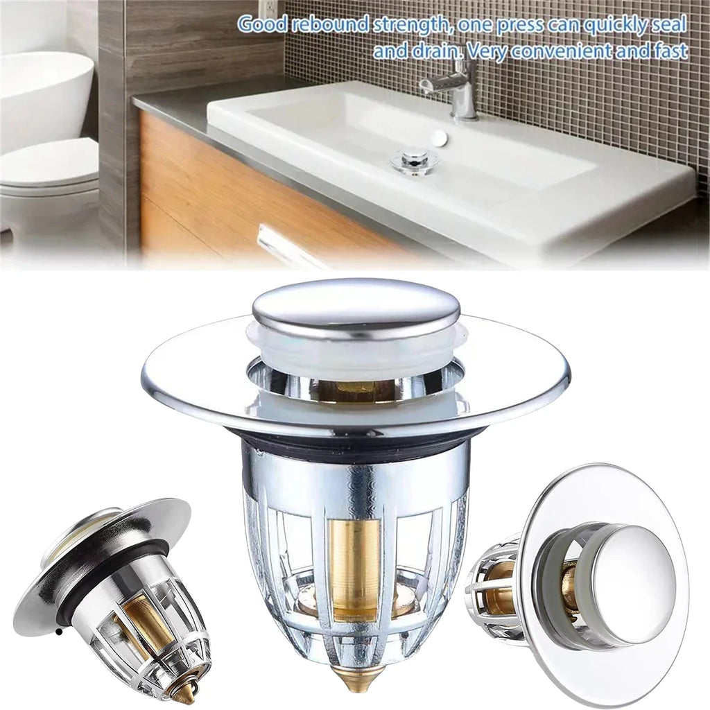 No More Clogged Drains — Pop-Up Chrome Sink Drain Stopper | Universal Rebound Filter with Hair Catcher, Easy Push Type
