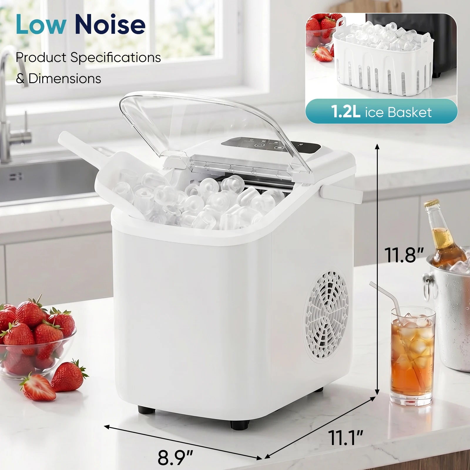 JHK Portable Countertop Ice Maker – 9 Ice Cubes in 6 Min, 26.5 lbs/24Hr, Scoop & Basket Included