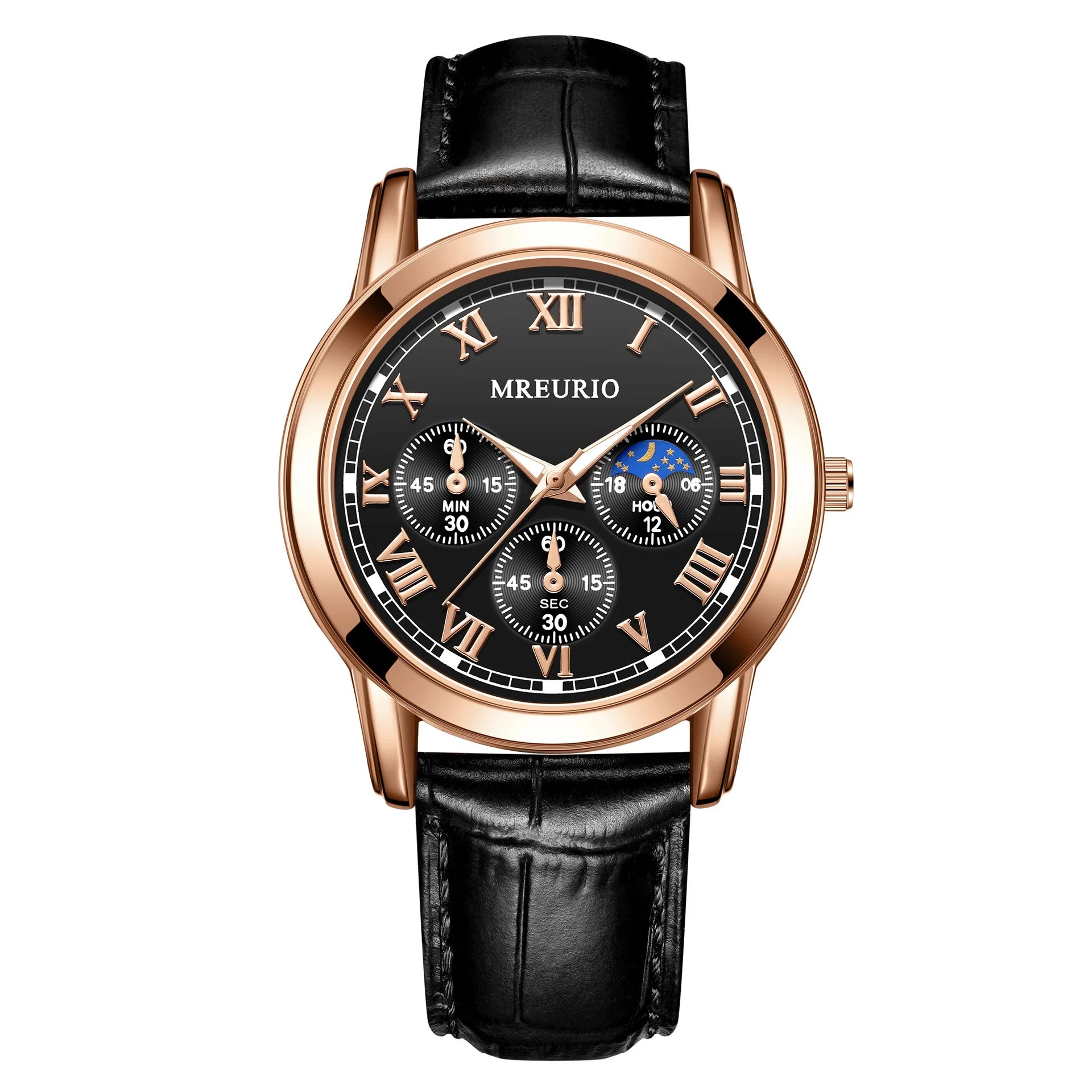 Men's Moon Phase Chronograph Quartz Watch | Luminous Leather Strap Luxury Sport Wristwatch