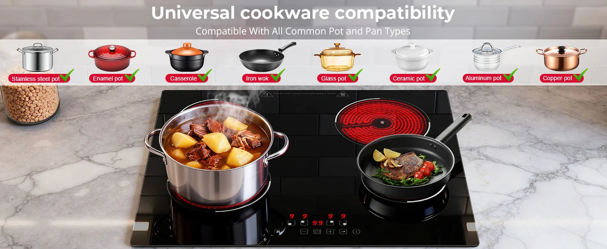 6000W 4-Zone Ceramic Induction Hob – 60cm Black Glass, Touch Control, 9 Power Levels, Timer & Child Lock