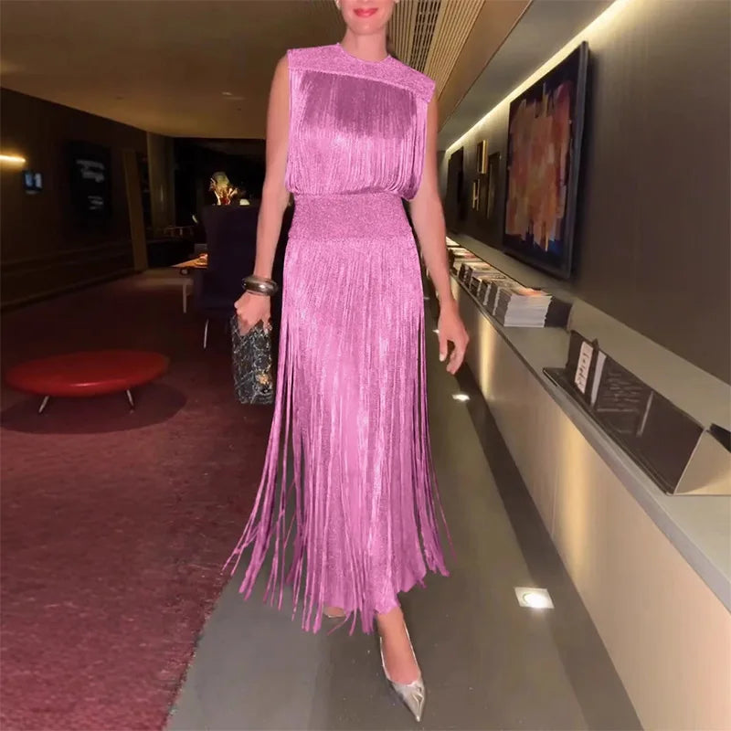 Sequin Tassel Evening Dress — Sleeveless O-Neck High Waist Slim Long Party Dress