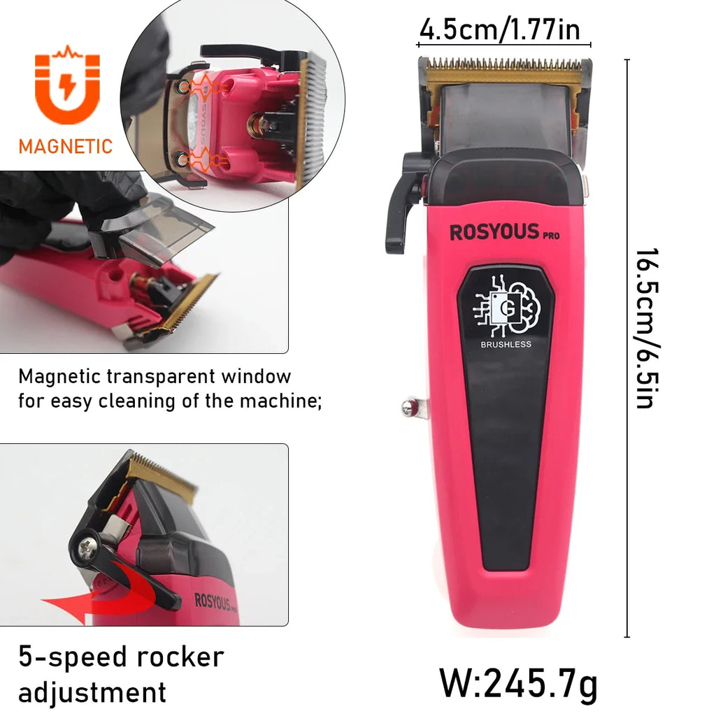 ROSYOUS Professional Brushless Hair Clipper – DLC Blade, LED Display, Base Charger, 240-Min Runtime