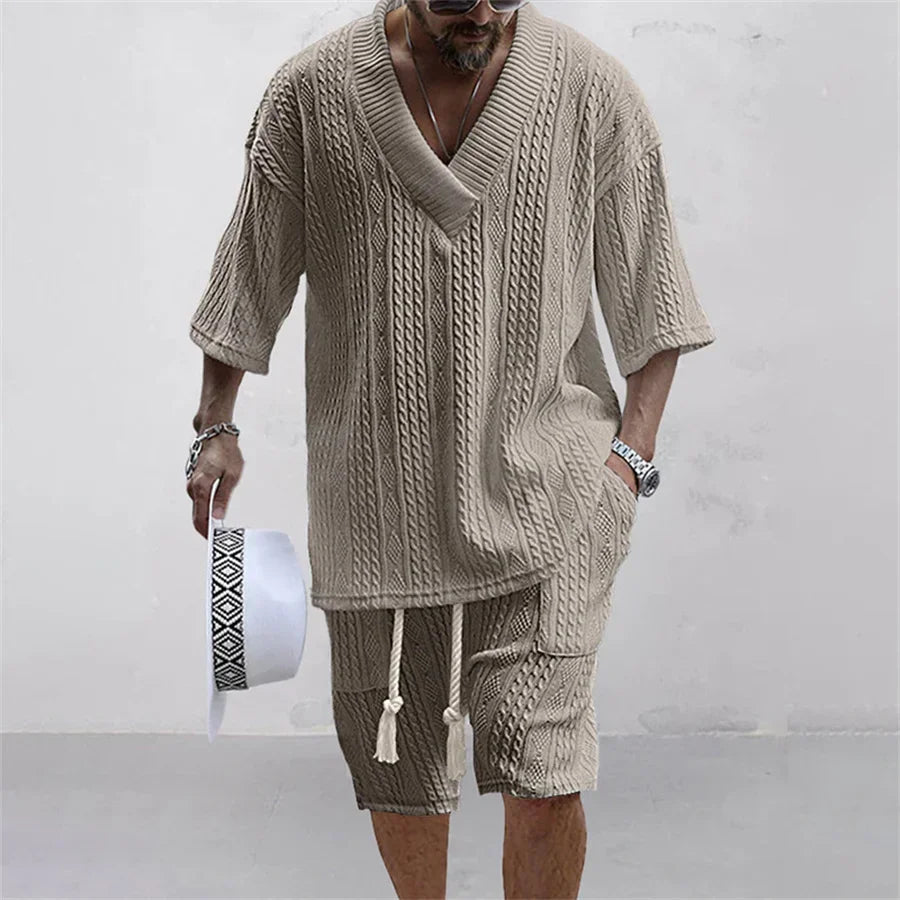 Men's Knitted V-Neck T-Shirt & Shorts Set – Casual Streetwear 2-Piece Outfit