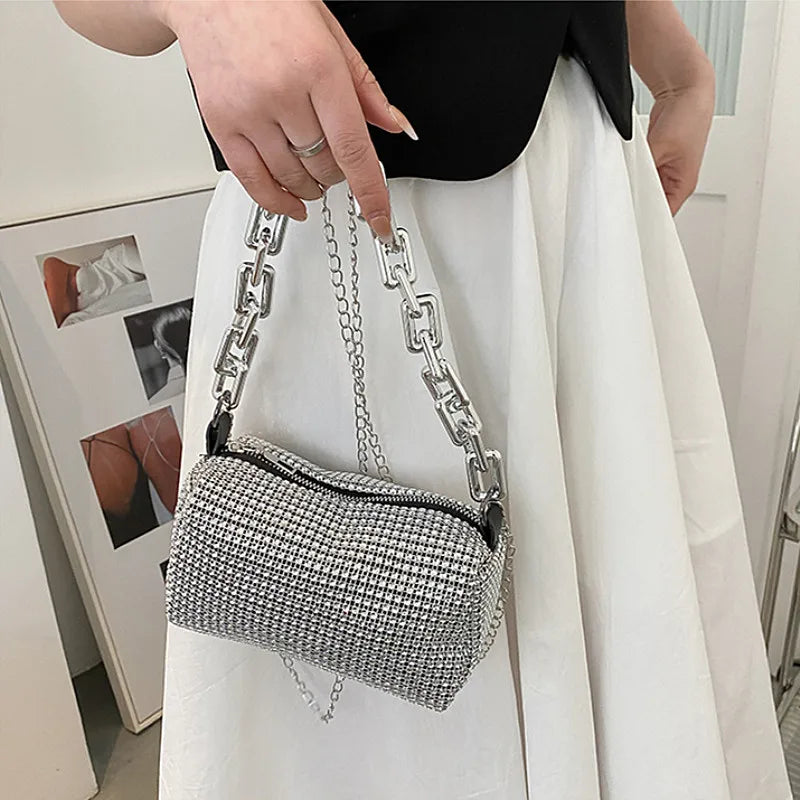 Rhinestone Glitter Mini Crossbody Bag – Chain Prom Purse Pillow Shoulder Bag for Women