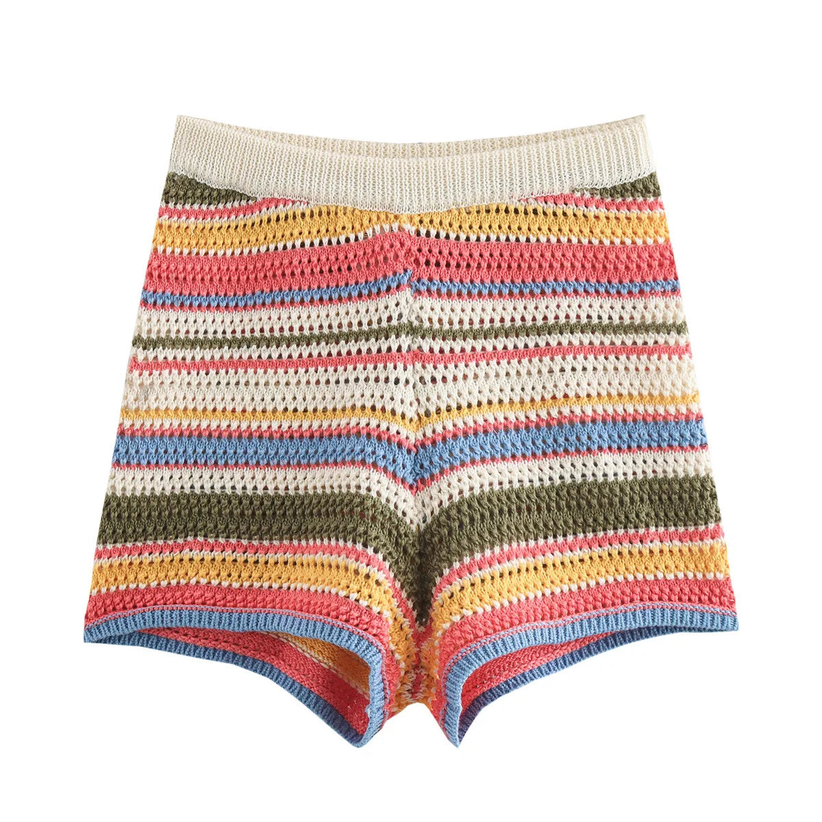 Women's Y2K Crochet Knit Crop Sweater & Shorts Set – Polo Collar Striped Patchwork Hollow Out