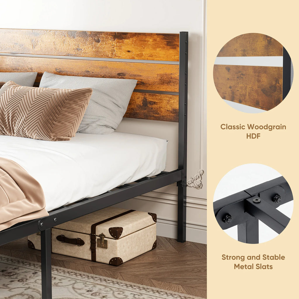 MCQ Metal Platform Bed Frame with Wooden Headboard — 700LBS