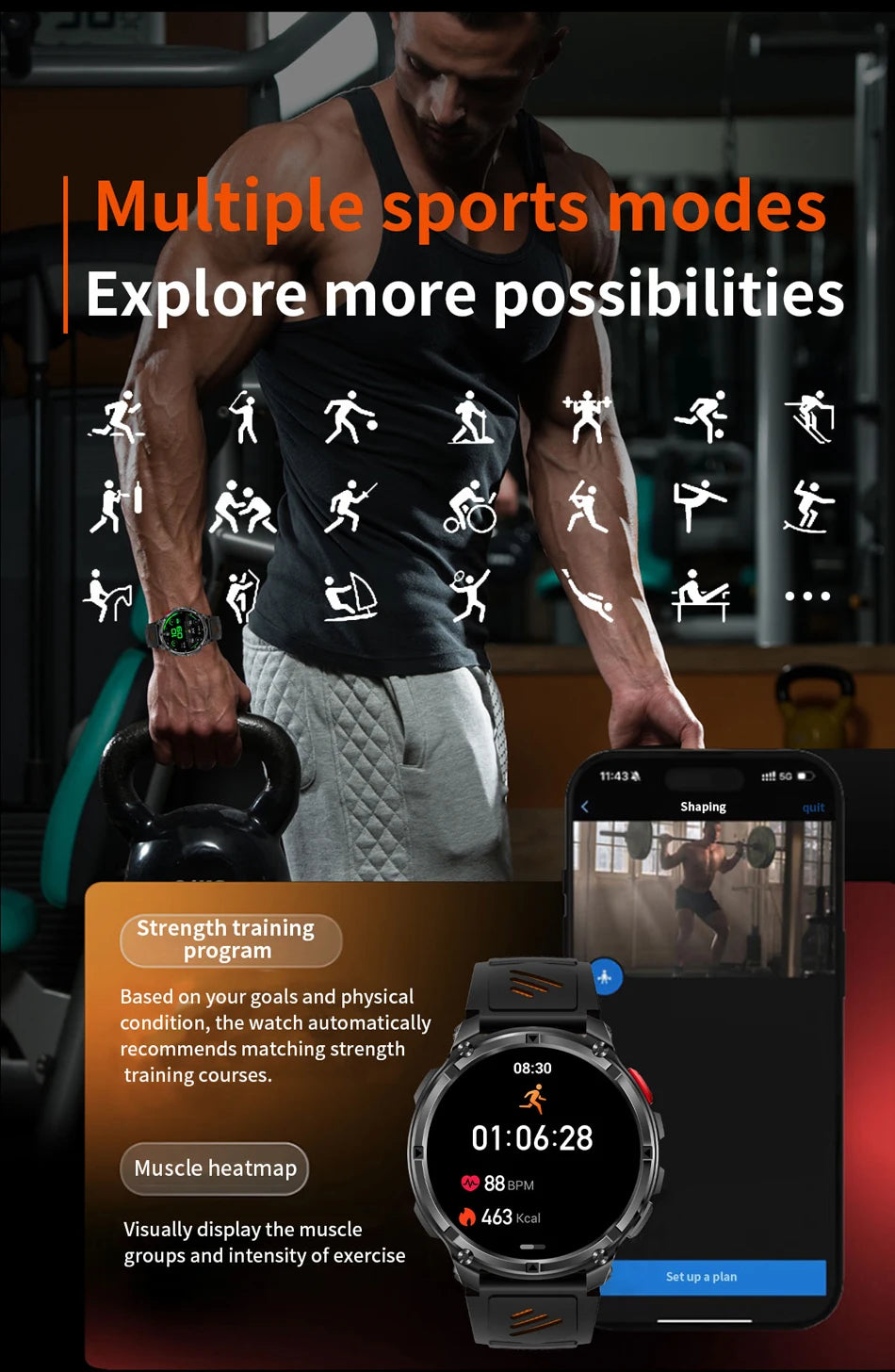 T-Rex3 Pro GPS Military Smartwatch – 1100mAh, 5ATM Waterproof, Sports Run Tracker & Compass