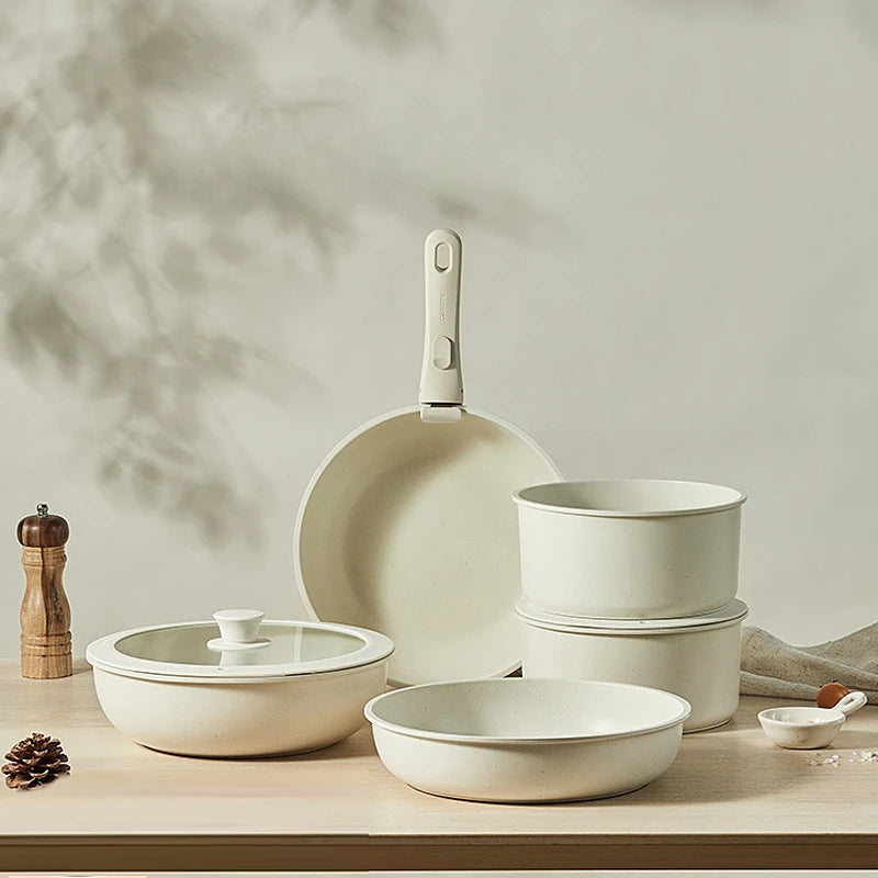 Nonstick Cookware Set – White, Detachable Handle