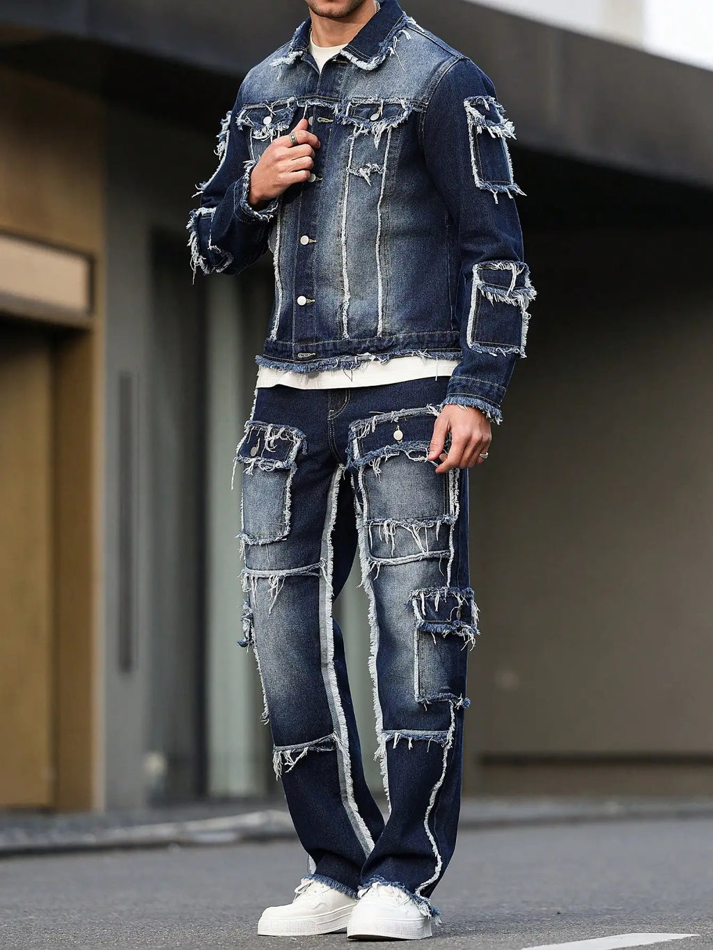 Men's Denim Suit & Wide Straight-Leg Pants Set – Multi-Pocket Spring Autumn Casual 2-Piece