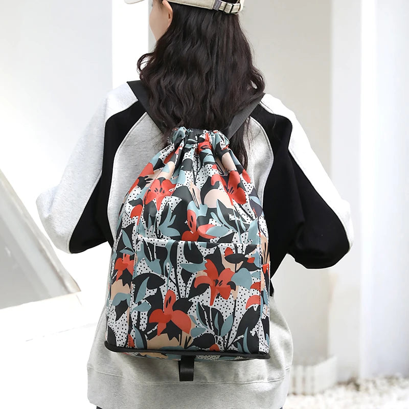 Women's Drawstring Backpack – Foldable Nylon Daypack