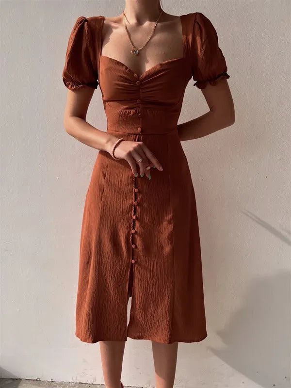 V-Neck Puff Sleeve High Waist Split Midi Dress — Elegant Single-Breasted Solid Dress