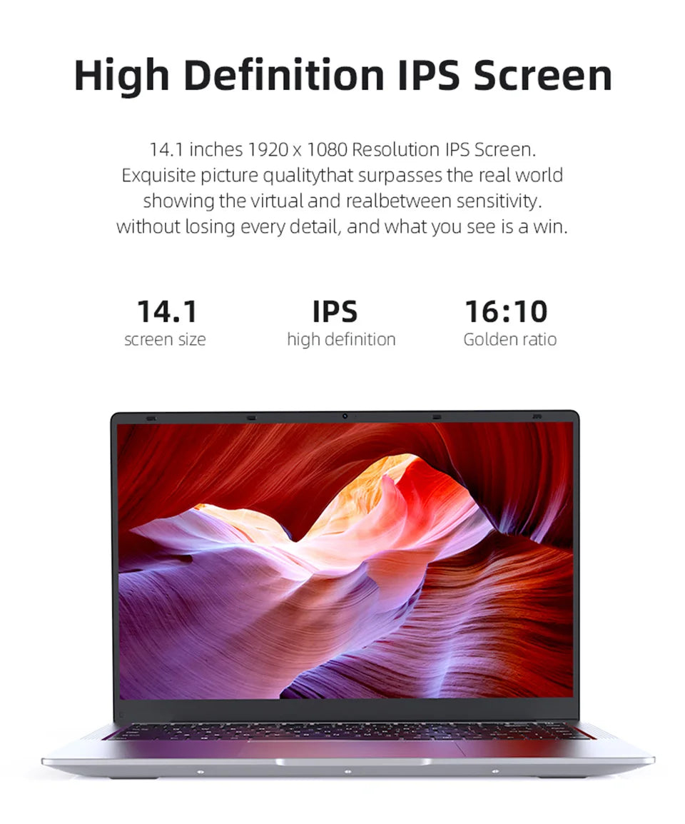 14.1" Intel Atom A3950 Ultra Slim Laptop – 12GB DDR3, Up to 2TB SSD, Windows 11 Pro
