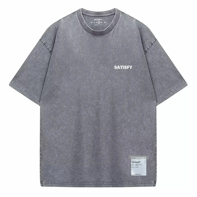 SATISFY Running MothTech Distressed Graphic T-Shirt — Loose Fit Cotton Short Sleeve Tee