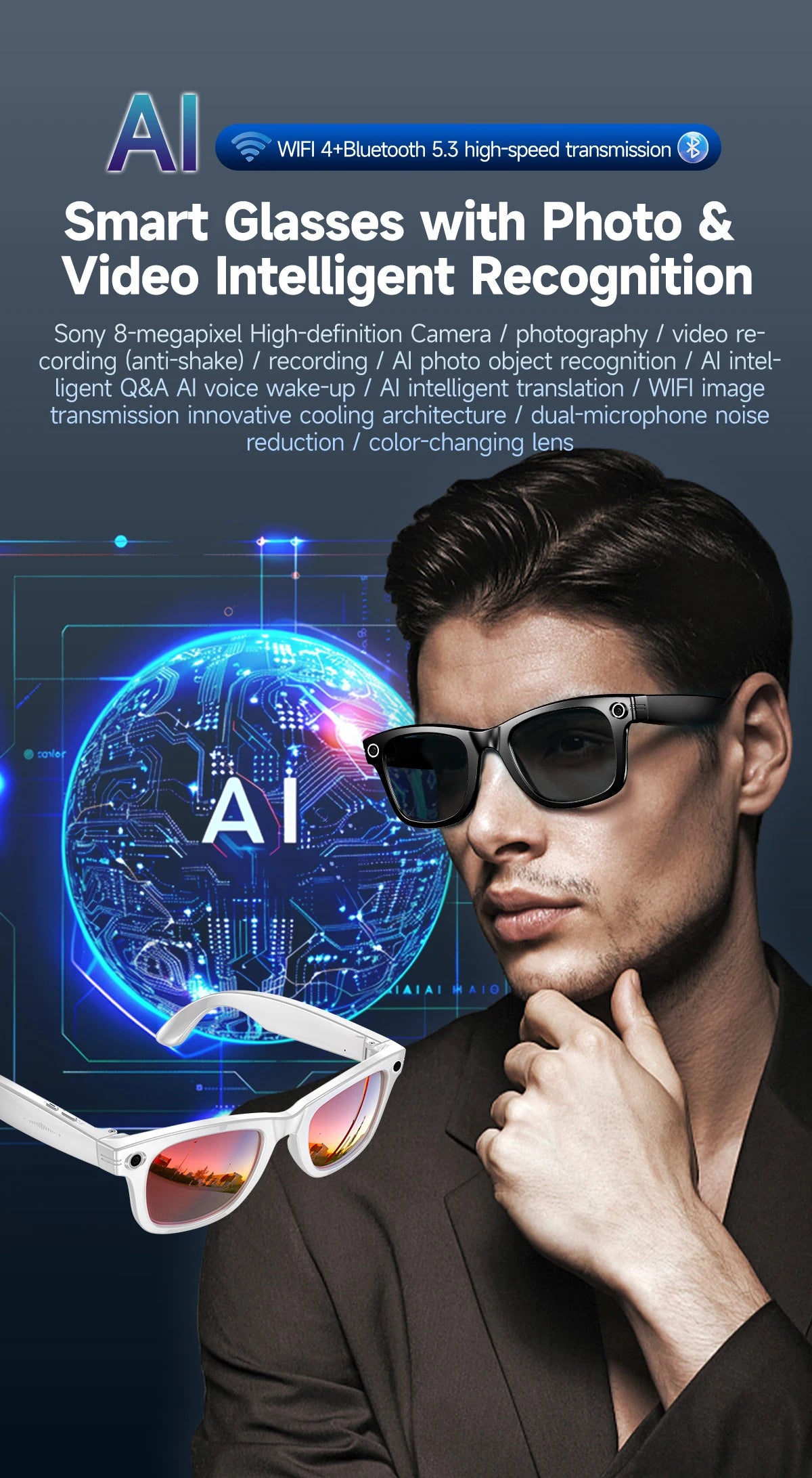 800W Camera AI Smart Glasses — Color-Changing Lenses, AI Translation, HD Video & Waterproof Calling