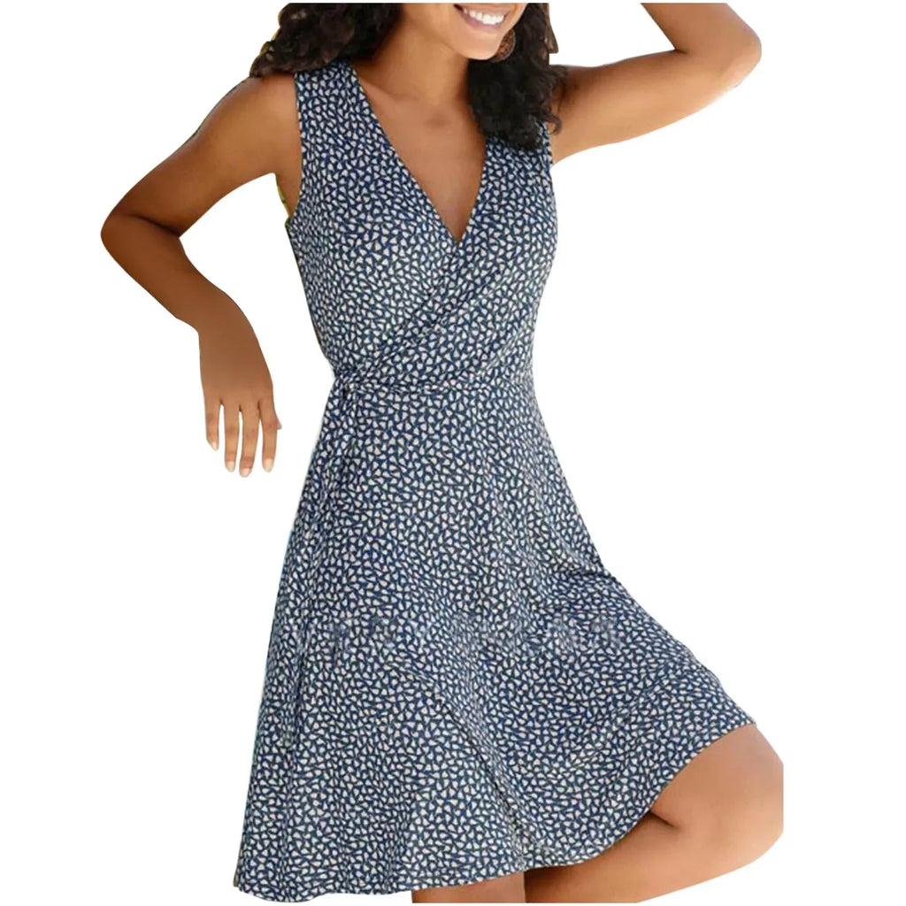 Floral Wrap V-Neck Cap Sleeve Plus Size Midi Dress — A-Line Swing Casual Dress