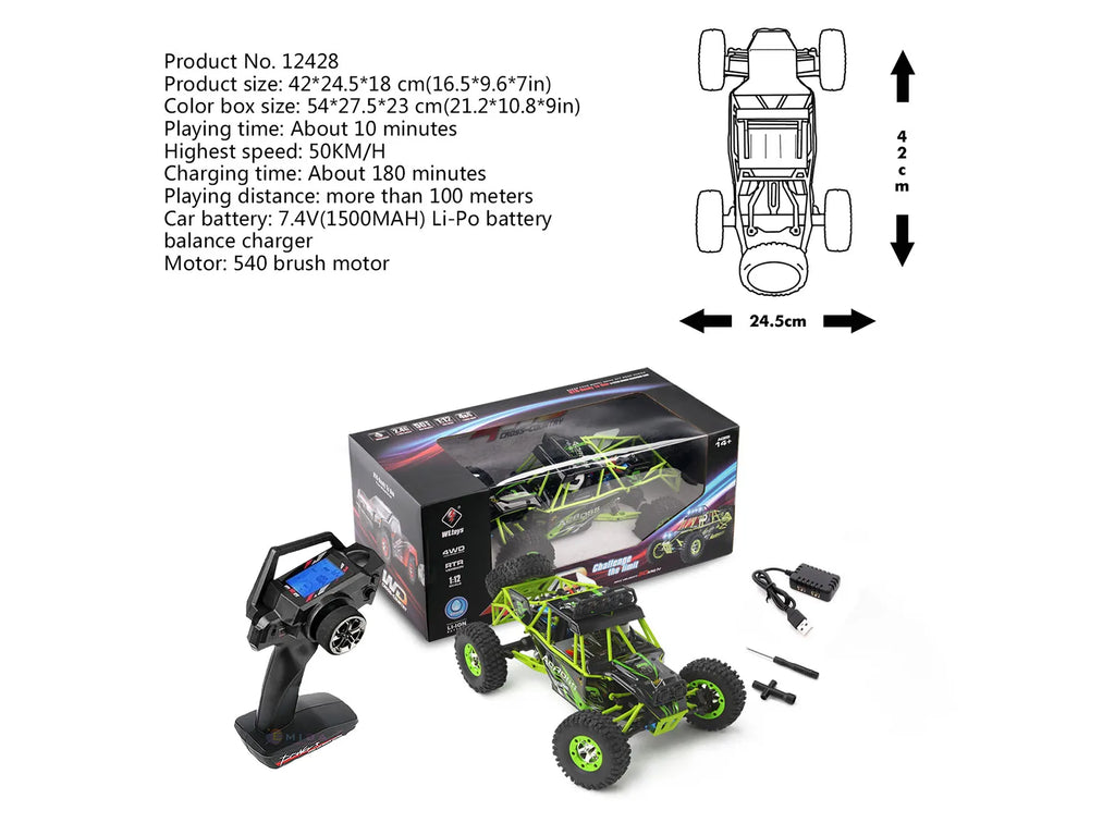 WLtoys 12428 1:12 Scale 4WD RC Racing Car – 50KM/H Alloy Off-Road Climbing Truck with LED Lights