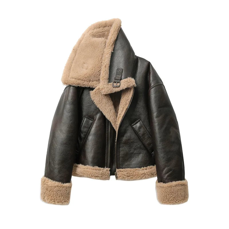 Women's Thickened Double-Sided Short Jacket – Warm Zip-Up Streetwear Coat in Brown