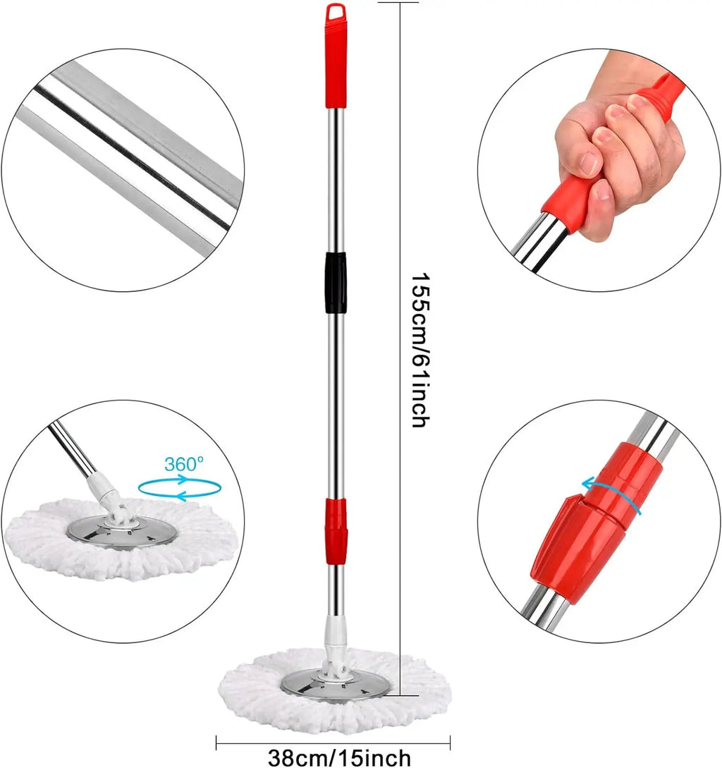 360° Spin Mop & Bucket Set — 3 Microfiber Heads, Stainless Steel Basket, 61" Adjustable Handle