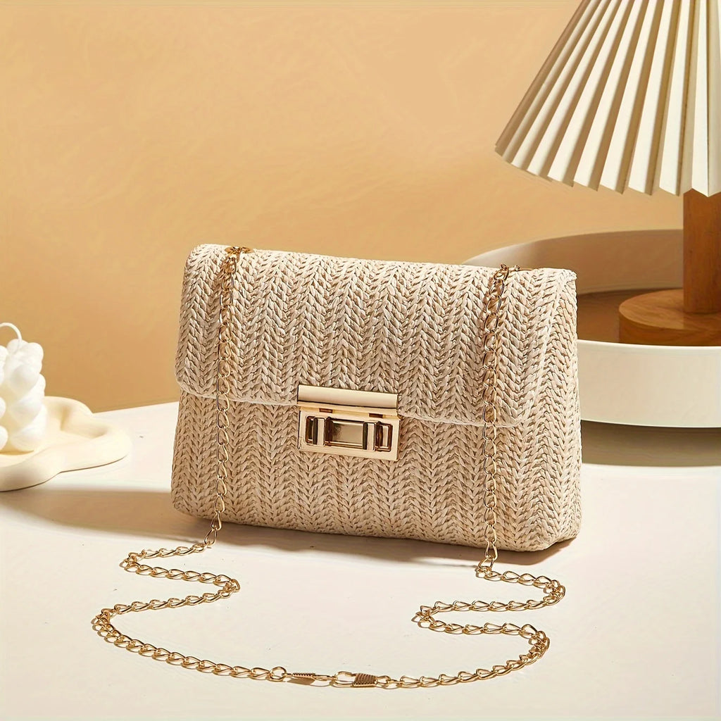 Woven Straw Shoulder Bag – Handwoven Crossbody Purse with Lock Closure for Women
