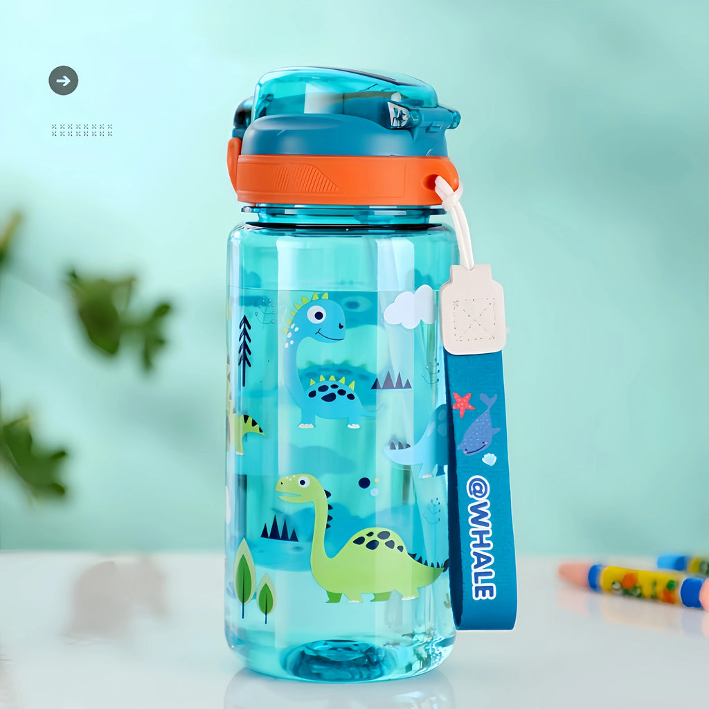 600ml Dinosaur Kids Water Bottle – BPA-Free Silicone Straw Sippy Cup, Leakproof with Carry Rope