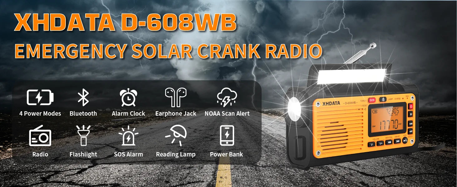 XHDATA D-608WB Emergency Crank Weather Radio — NOAA, Solar & Hand Crank Powered