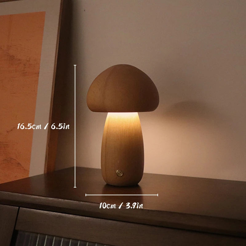Wooden Mushroom Lamp – Rechargeable Touch Night Light