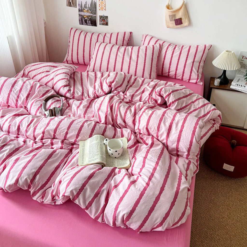 Pink Striped Duvet Cover Set – 3-Piece Soft Washed Cotton Bedding for Girls, 150x200cm