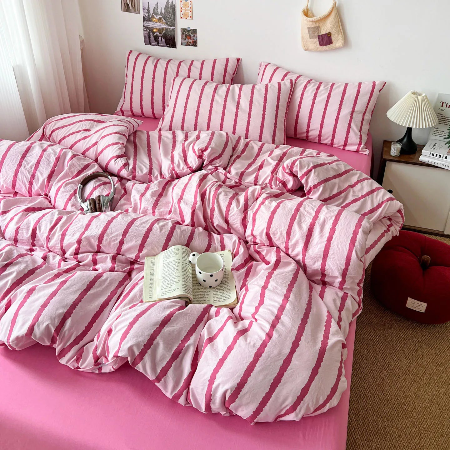 Pink Striped Duvet Cover Set – 3-Piece Soft Washed Cotton Bedding for Girls, 150x200cm