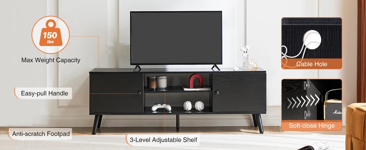 Wooden Fireplace TV Stand for 60" TVs — Entertainment Center with Adjustable Shelf & Storage