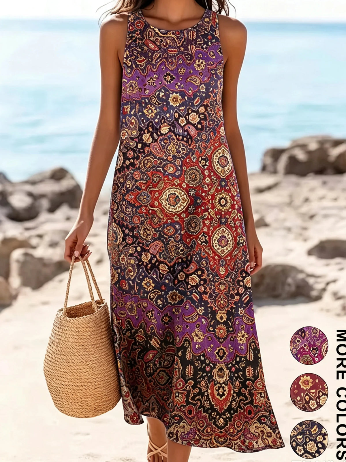 Women's Bohemian Floral Sleeveless MIDI Sundress with Pockets – Loose Sweetheart Beach Dress 2026
