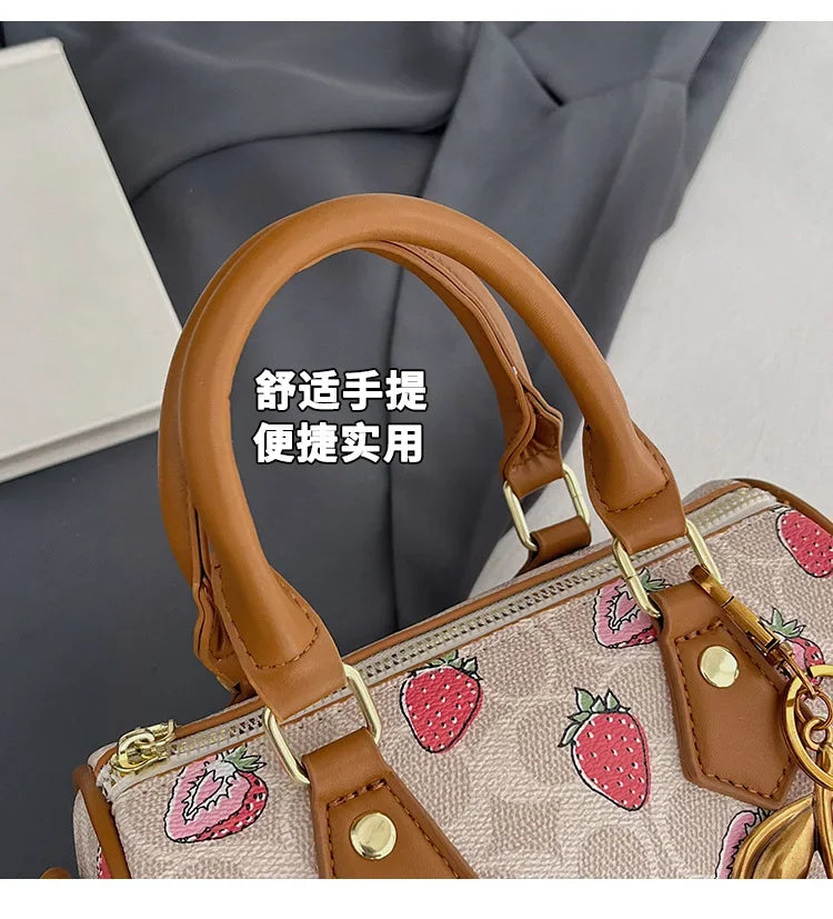 Cherry Print PU Leather Boston Crossbody Shoulder Bag – Luxury Designer Handbag for Women