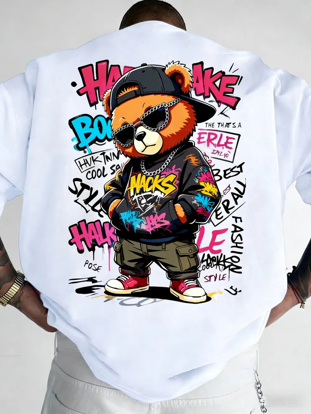 Teddy Bear Graffiti Print T-Shirt — Men's Breathable Round Neck Street Style Top