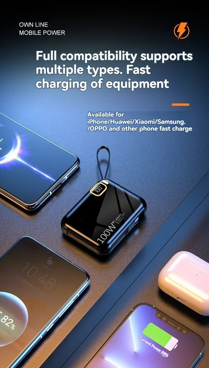 66W Portable Mini Power Bank 20000mAh – Built-in Cable, PD Fast Charging for iPhone & Android