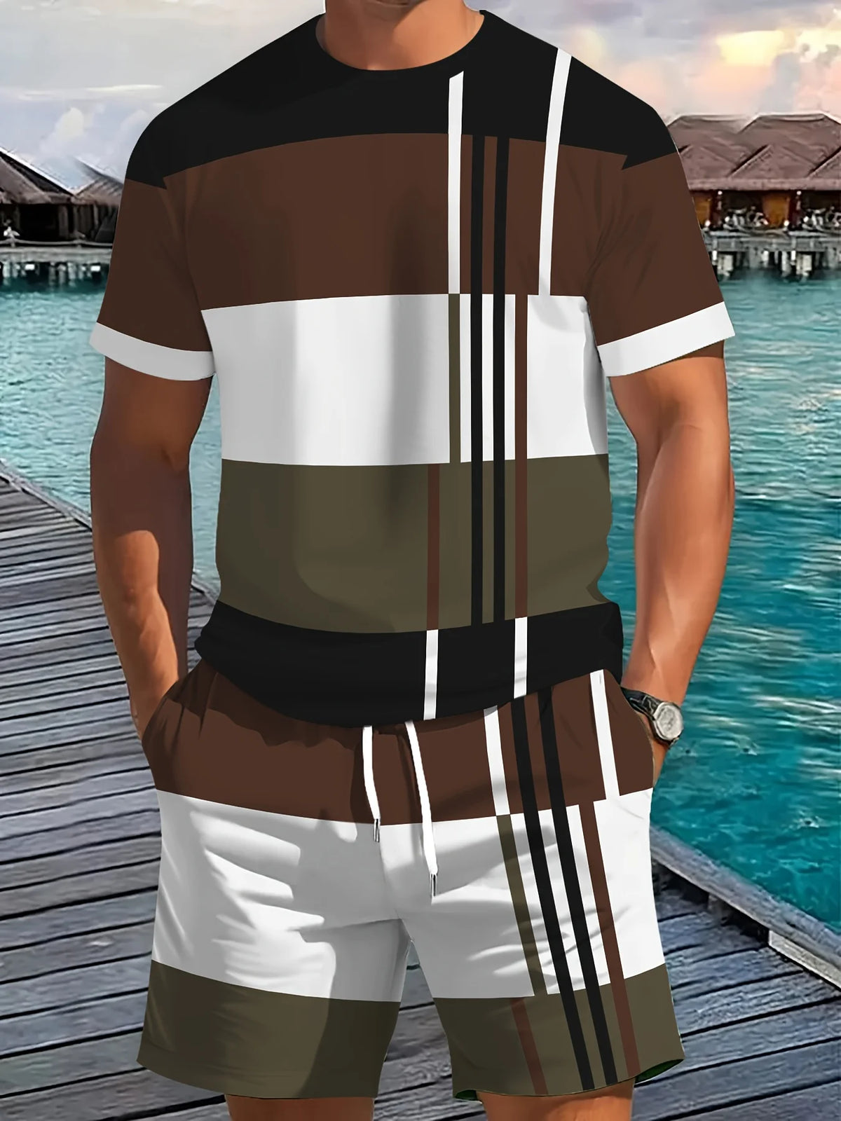 Men's Striped Short Sleeve T-Shirt & Drawstring Shorts Outdoor Travel Set