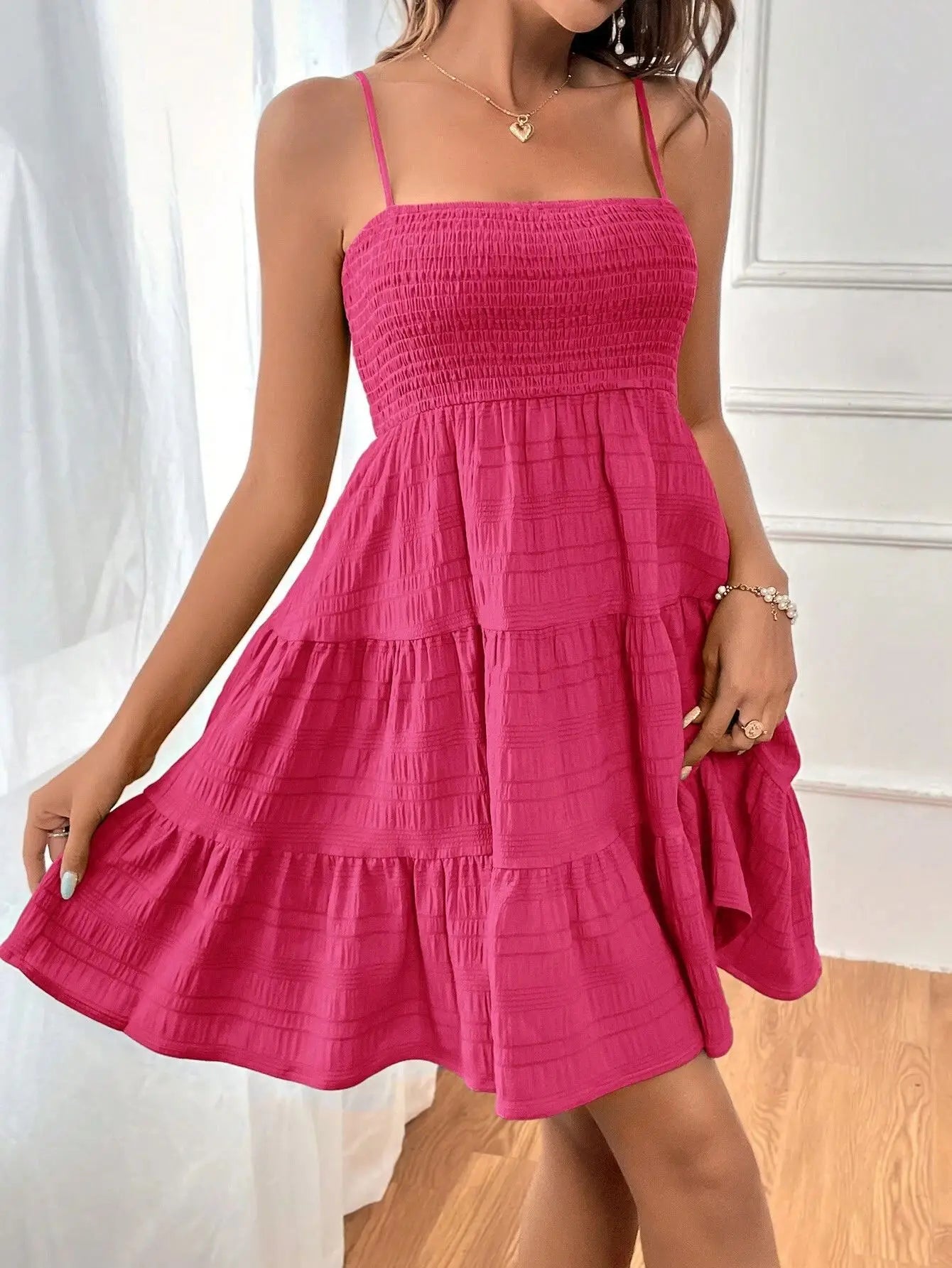 Women's Smocked Bustier Ruffled Tiered Swing Mini Dress – Spaghetti Strap Beach Vacation Dress