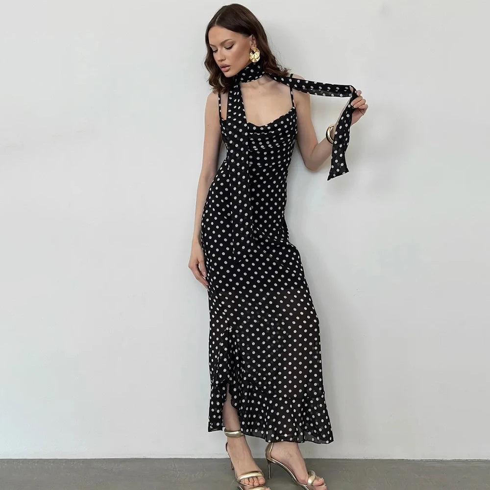 Elegant Polka Dot Halter Pleated Maxi Dress – Ruffle Sleeveless Evening & Party Dress