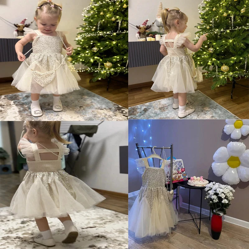 Sequin Flying Sleeve Girls Party Dress — Elegant Mesh Vest Princess Prom Dress