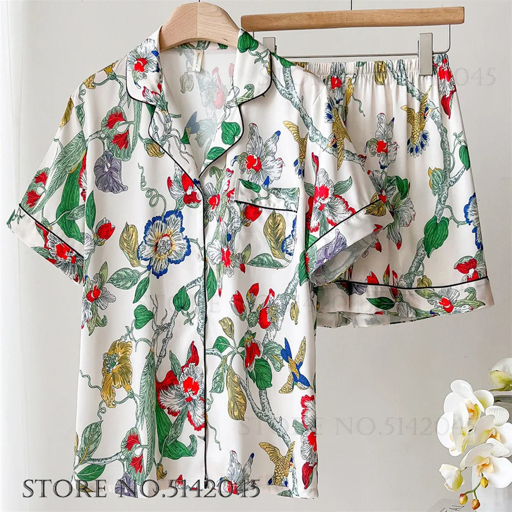 Women's Floral Print Satin 2-Piece Pajama Set | Loose Lounge Wear Homewear Suit