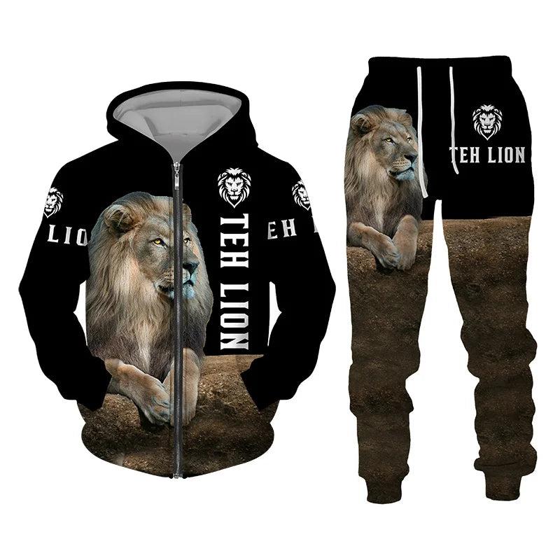 Men's 3D Lion Print Zip-Up Hoodie & Elastic Waist Pants Tracksuit Set