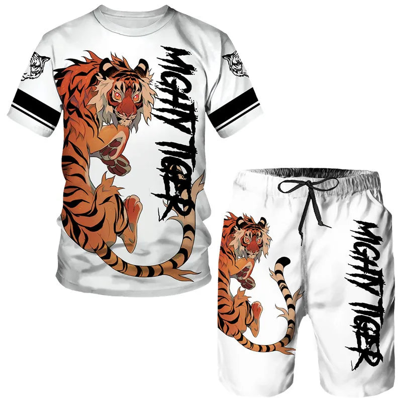 Men's 3D Tiger Print Short Sleeve T-Shirt & Shorts Set – Casual Sportswear