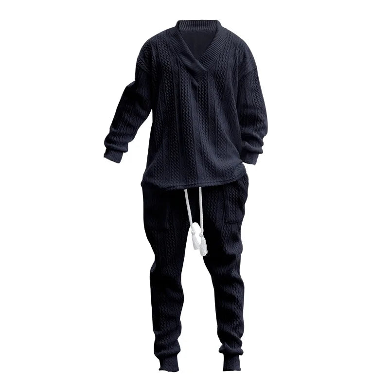 Men's Jacquard Knit Sweater & Casual Trousers Two-Piece Set