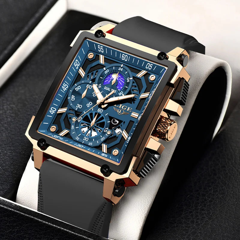 LIGE Men's Hollow Square Sport Watch | Fashion Silicone Strap Waterproof Quartz Wristwatch with Box