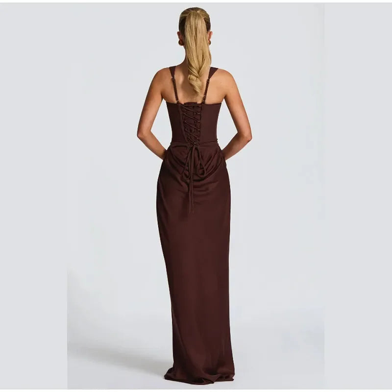 Sexy Strapless Pleated Maxi Dress – Off-Shoulder Backless High Waist Split Evening Party Gown