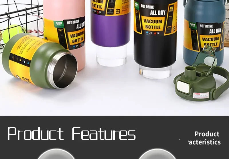 Large Capacity Vacuum Thermos Bottle with Handle & Straw – 304 SS, 6–12Hr Insulated, 800ml–1500ml, 16 Colors