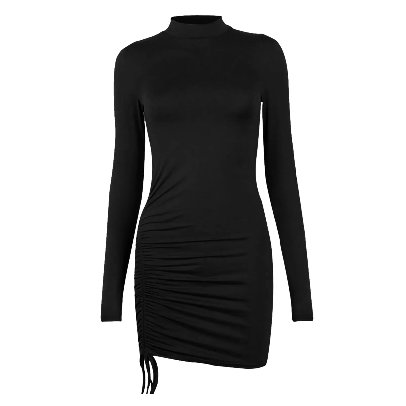 Long Sleeve O-Neck Drawstring Tight-Fitting Dress — Solid Slim Elegant Party Dress