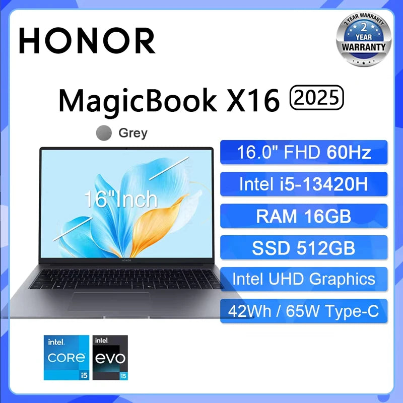 HONOR MagicBook X16 2025 – 16" FHD IPS, Intel 13th Gen i5 or i7, Up to 16GB LPDDR4x, 1TB SSD, Wi-Fi 6