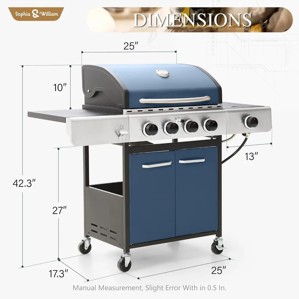 4-Burner Gas BBQ Grill with Side Burner | 42,000 BTU, 542 Sq. In., Porcelain Cast Iron Grates, Cabinet Style, Blue, Outdoor Cooking