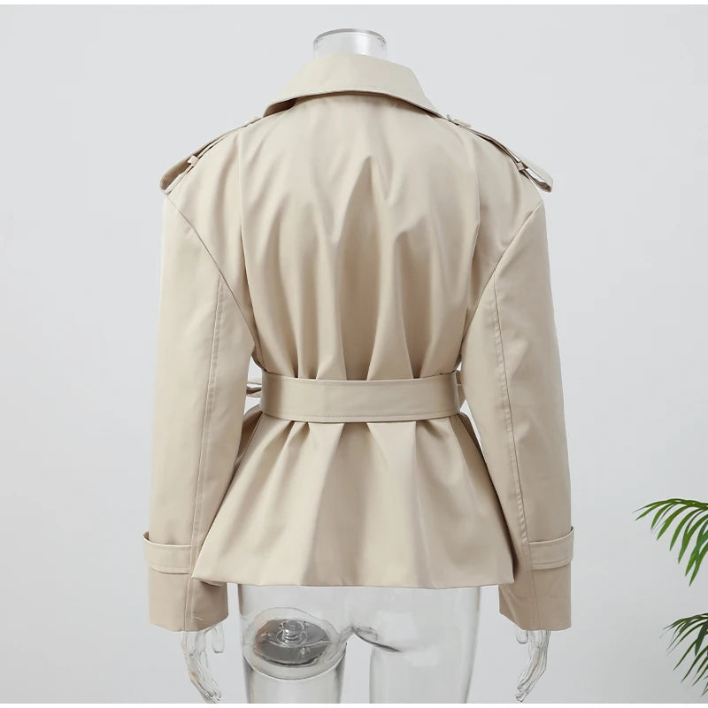 Women's Lace-Up Cropped Trench Coat – Wide Shoulder Windbreaker Jacket