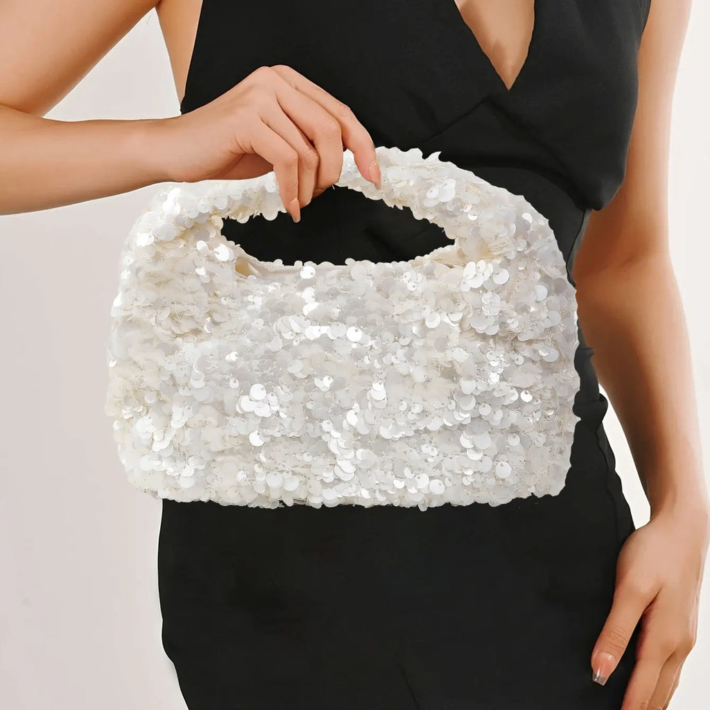 White Sequin Hobo Bucket Bag – Shiny Evening Clutch Tote for Wedding Party & Special Occasions